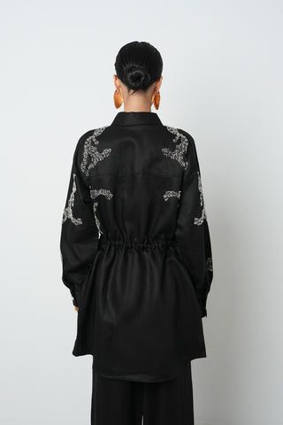 Kadın Boncuk İşlemeli Belden Büzgülü Çıtçıt Kapamalı Ceket