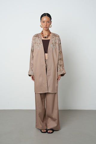 Kadın Yakası Ve Kolları Boncuk İşlemeli Oversize Uzun Kimono