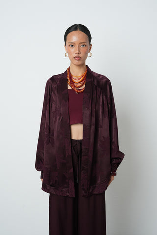 Kadın Bordo Yaprak Desenli Oversize Kesim Tesettür Kimono