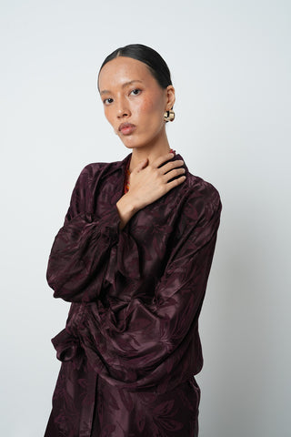 Kadın Bordo Renk Balon Kol Yaprak Desenli Oversize Gömlek