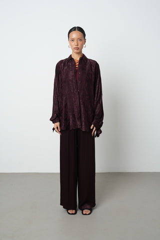 Kadın Bordo Renk Balon Kol Yaprak Desenli Oversize Gömlek