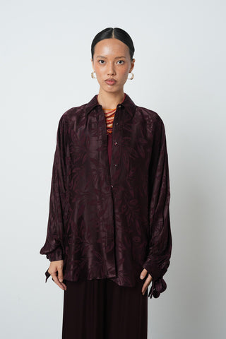 Kadın Bordo Renk Balon Kol Yaprak Desenli Oversize Gömlek