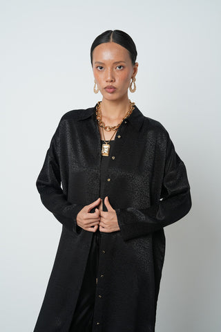 Kadın Siyah Renk Desenli Uzun Tunik Tesettür Gömlek - Elbise