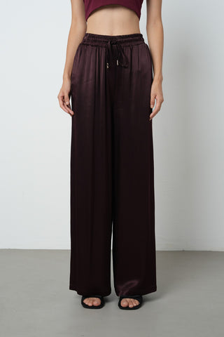 Kadın Bordo Renk Düz %100 Viskoz Bol Paça Beli Lastikli Pantolon