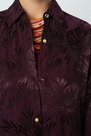 Kadın Bordo Dal Ve Yaprak Desenli Oversize Kesim Gömlek