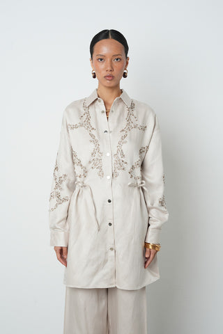 Kadın Boncuk İşlemeli Belden Büzgülü Çıtçıt Kapamalı Ceket