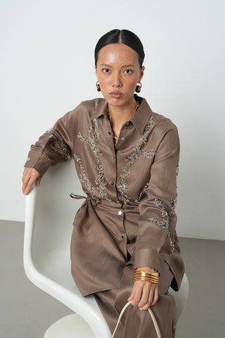 Kadın Boncuk İşlemeli Belden Büzgülü Çıtçıt Kapamalı Ceket