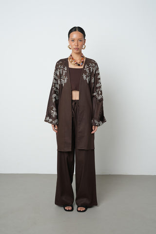 Kadın Yakası Ve Kolları Boncuk İşlemeli Oversize Uzun Kimono