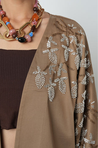 Kadın Yakası Ve Kolları Boncuk İşlemeli Oversize Uzun Kimono