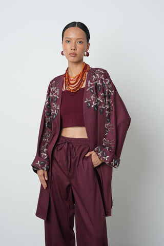 Kadın Yakası Ve Kolları Boncuk İşlemeli Oversize Uzun Kimono