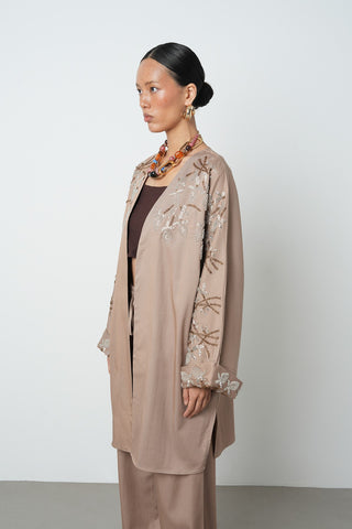 Kadın Yakası Ve Kolları Boncuk İşlemeli Oversize Uzun Kimono