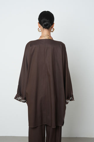 Kadın Yakası Ve Kolları Boncuk İşlemeli Oversize Uzun Kimono