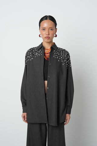 Kadın Robası Taş İşlemeli Oversize Kesim Tesettür Gömlek