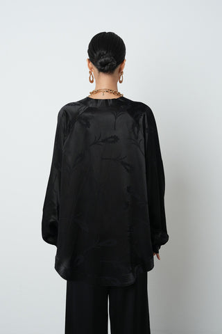 Kadın Siyah Yaprak Ve Çiçek Desenli Oversize Tesettür Kimono