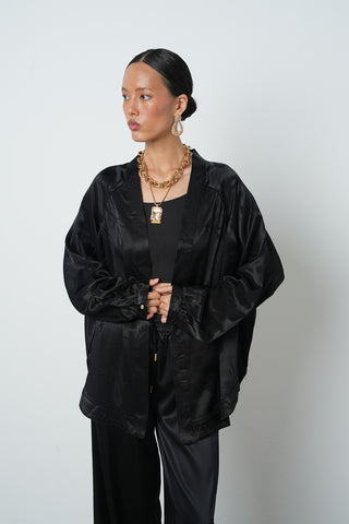 Kadın Siyah Yaprak Ve Çiçek Desenli Oversize Tesettür Kimono