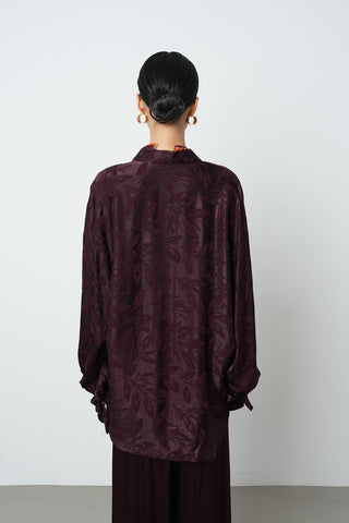 Kadın Bordo Renk Balon Kol Yaprak Desenli Oversize Gömlek