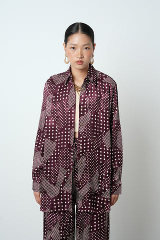 Kadın Bordo Renk Puantiye Desenli Oversize Kesim Gömlek