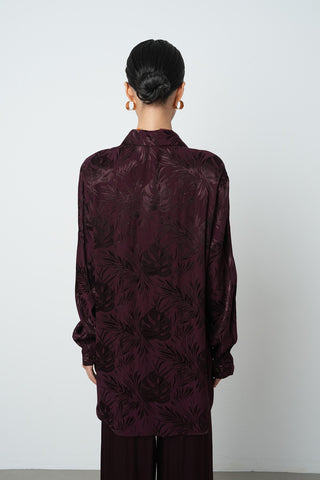 Kadın Bordo Dal Ve Yaprak Desenli Oversize Kesim Gömlek