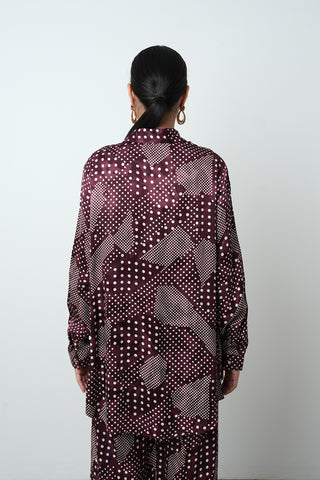 Kadın Bordo Renk Puantiye Desenli Oversize Kesim Gömlek