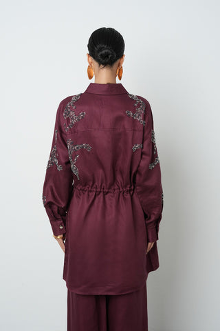 Kadın Boncuk İşlemeli Belden Büzgülü Çıtçıt Kapamalı Ceket