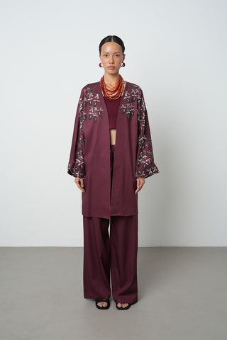 Kadın Yakası Ve Kolları Boncuk İşlemeli Oversize Uzun Kimono