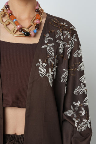 Kadın Yakası Ve Kolları Boncuk İşlemeli Oversize Uzun Kimono