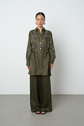 Kadın Boncuk İşlemeli Belden Büzgülü Çıtçıt Kapamalı Ceket