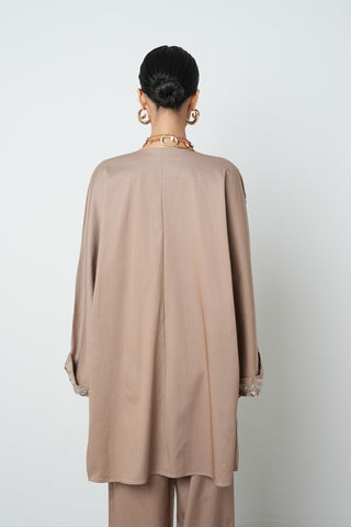 Kadın Yakası Ve Kolları Boncuk İşlemeli Oversize Uzun Kimono