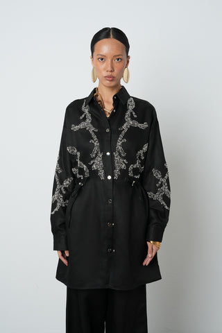 Kadın Boncuk İşlemeli Belden Büzgülü Çıtçıt Kapamalı Ceket