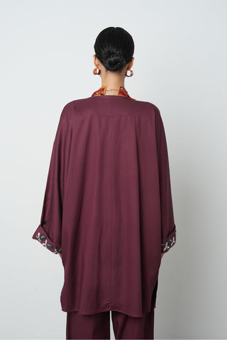 Kadın Yakası Ve Kolları Boncuk İşlemeli Oversize Uzun Kimono