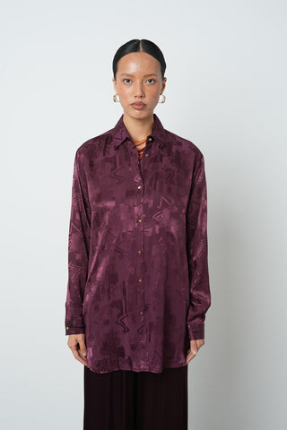 Kadın Bordo Renk Karışık Desenli Oversize Kesim Gömlek