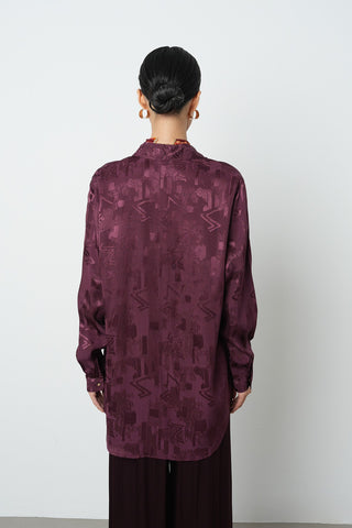 Kadın Bordo Renk Karışık Desenli Oversize Kesim Gömlek