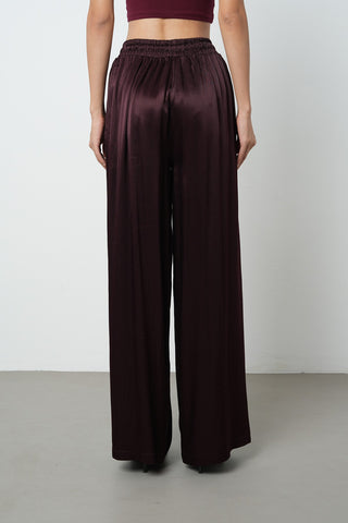 Kadın Bordo Renk Düz %100 Viskoz Bol Paça Beli Lastikli Pantolon