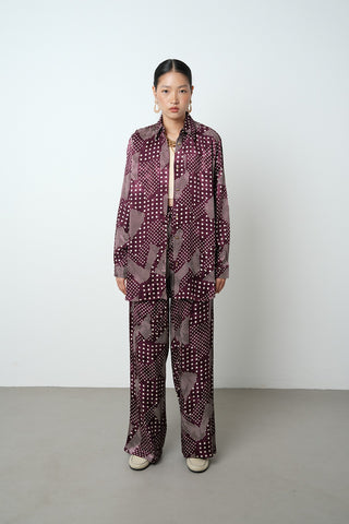 Kadın Bordo Renk Puantiye Desenli Oversize Kesim Gömlek