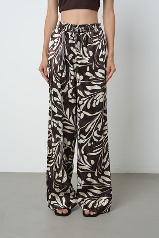 Kadın Kahverengi - Krem Renk Desenli Bol Paça Beli Lastikli Pantolon