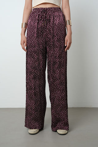 Kadın Bordo Renk Desenli Bol Paça Beli Lastikli Pantolon
