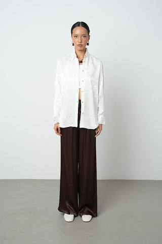 Kadın Ekru Renk Desenli Altın Düğme Detaylı Gömlek