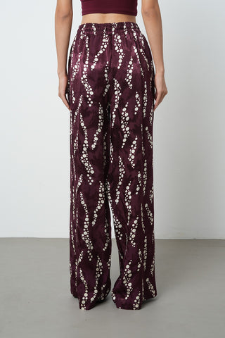 Kadın Bordo - Krem Renk Desenli Bol Paça Beli Lastikli Pantolon