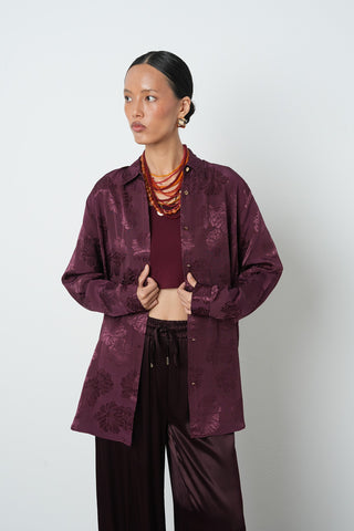 Kadın Bordo Renk Çiçek Desenli Oversize Kesim Tesettür Gömlek