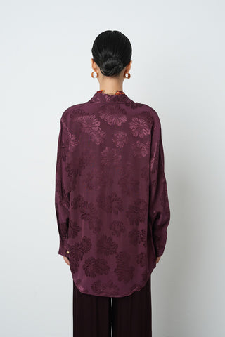 Kadın Bordo Renk Çiçek Desenli Oversize Kesim Tesettür Gömlek