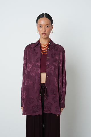 Kadın Bordo Renk Çiçek Desenli Oversize Kesim Tesettür Gömlek