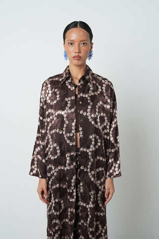 Kadın Kahverengi Desenli Uzun Tunik Tesettür Gömlek - Elbise