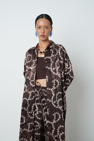 Kadın Kahverengi Desenli Uzun Tunik Tesettür Gömlek - Elbise