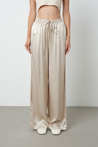 Kadın Açık Bej Düz %100 Viskoz Bol Paça Beli Lastikli Pantolon