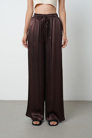Kadın Kahverengi Düz %100 Viskoz Bol Paça Beli Lastikli Pantolon