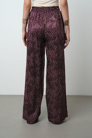 Kadın Bordo Renk Desenli Bol Paça Beli Lastikli Pantolon