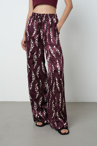 Kadın Bordo - Krem Renk Desenli Bol Paça Beli Lastikli Pantolon