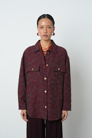 Kadın Bordo Renk Desenli Çift Cepli Gömlek - Ceket