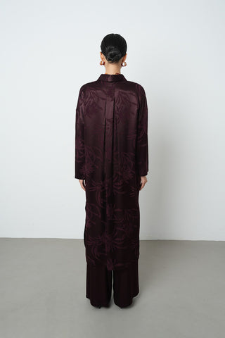 Kadın Bordo Renk Yaprak Desenli Uzun Tunik Tesettür Gömlek - Elbise