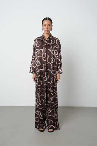 Kadın Kahverengi Desenli Uzun Tunik Tesettür Gömlek - Elbise